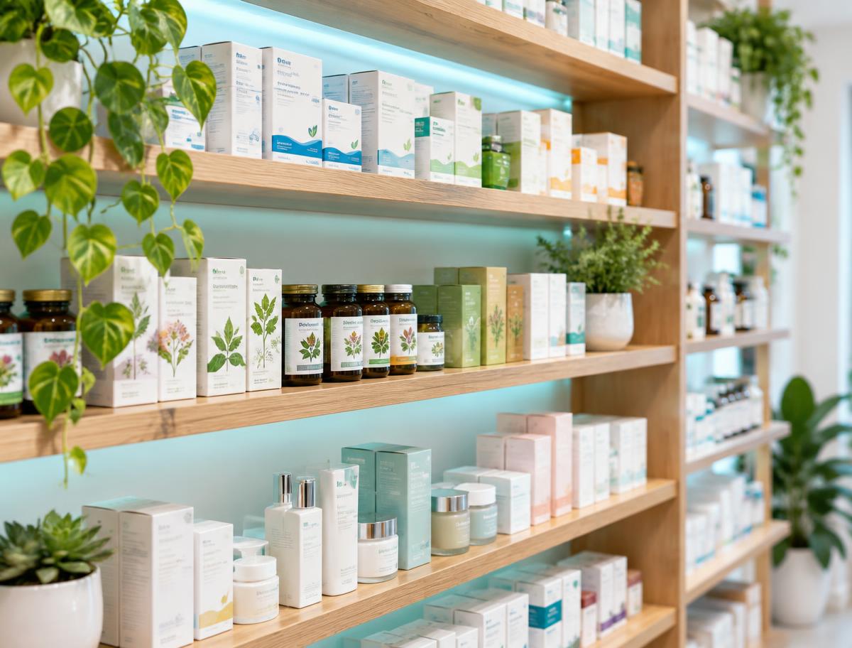 Beratungstresen mit Produkten in der Apotheke
